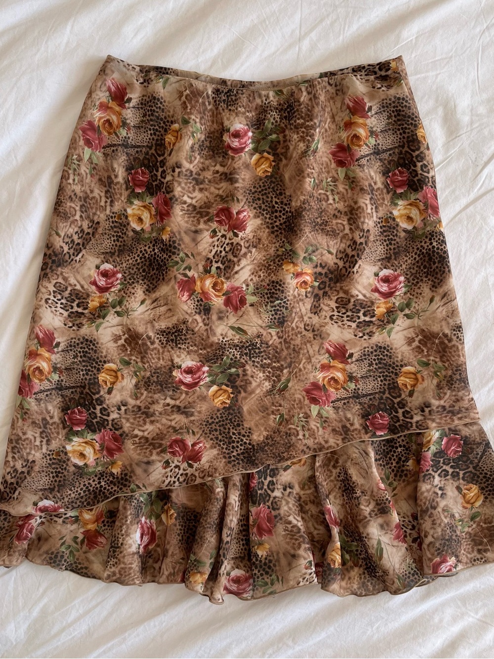 Y2K Floral Leopard Print Ruffle Hem Midi Skirt